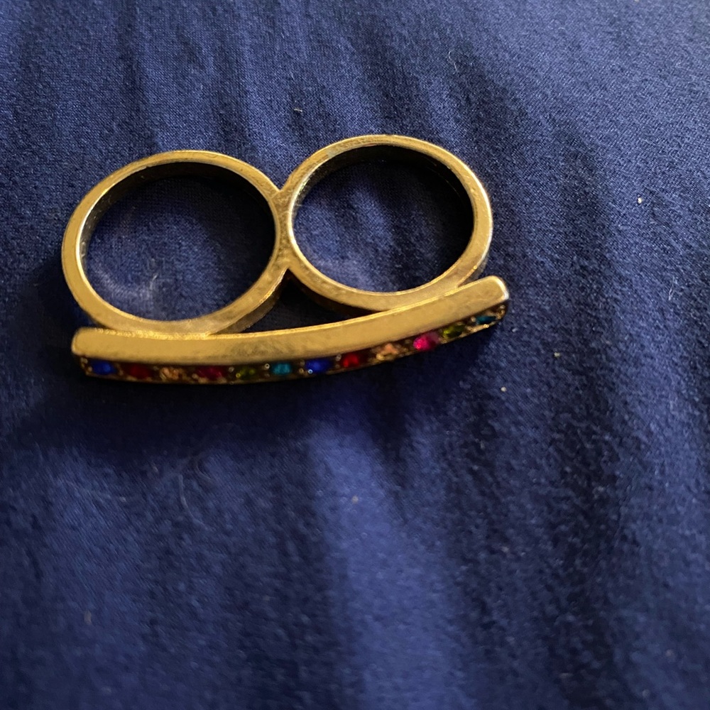 Multi-Colored Rhinestone Bar Two-Finger Ring - Picture 3 of 3